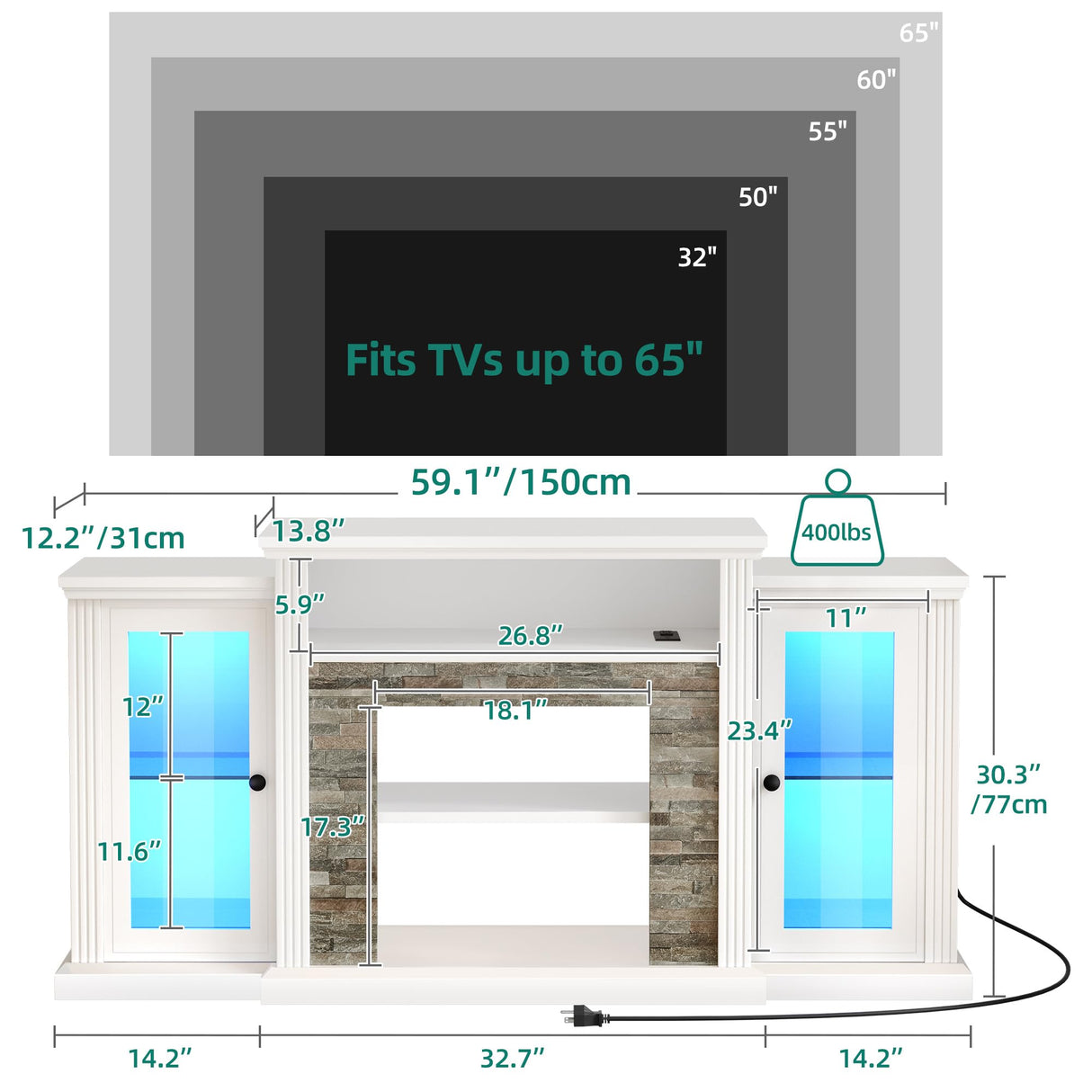 YITAHOME Modern TV Stand for 65 Inch TV, LED Entertainment Center with Power Outlets, Media Console TV Cabinet with Adjustable Shelves & Glass Door for Living Room, White, 59'' TV Stand YITAHOME