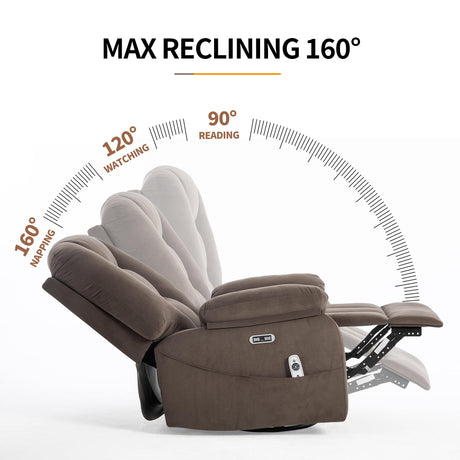 Sftaiyou Power Swivel Rocker Recliner Chair for Adults,Rocking Recliners Chairs with Massage and Heat for Living Room, Electric Fabric Reclining Sofa Chair with USB and Type-C Port (Fabric Brown) Sftaiyou