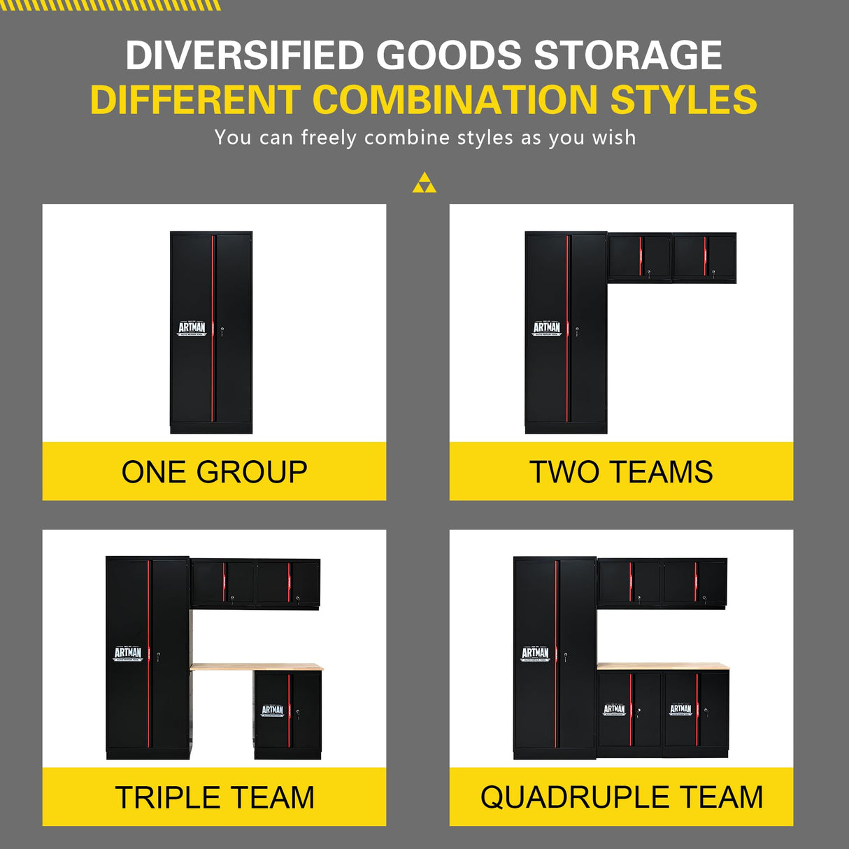 S.Walt Garage Storage Cabinets System, 6-Pcs Workshop Cabinet Set in Black and Red, Included Steel Cabinets, LED Lights, Wood Panel, Key Locking, Adjustable Door Panels and Legs, Black & Red S.Walt