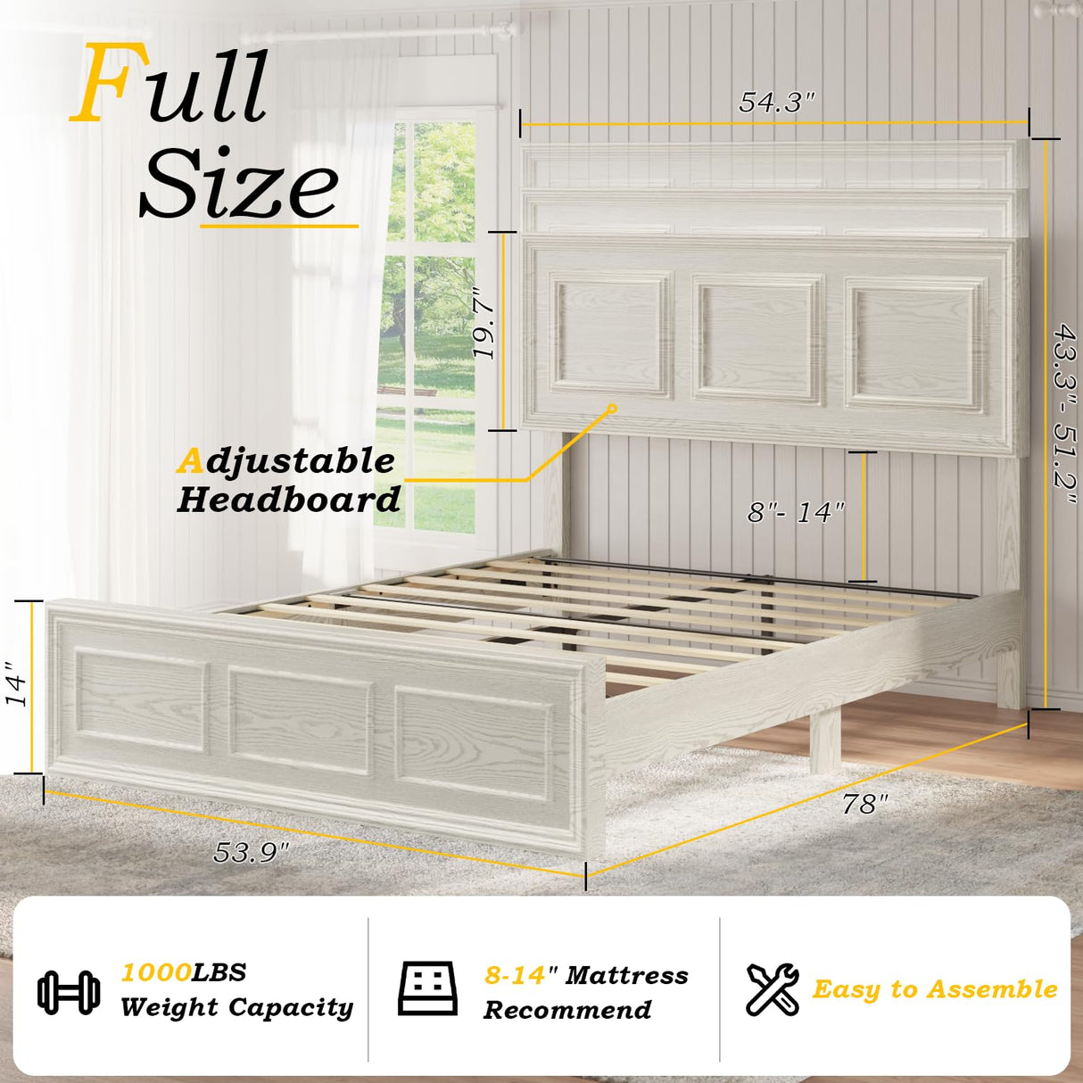 Incyneva Farmhouse Platform Full Bed Frame Wood with Adjustable Headboard, LED Light and Charging Station, No Box Spring Needed, Noise Free, Geometric Design & Antique White Incyneva