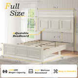 Incyneva Farmhouse Platform Full Bed Frame Wood with Adjustable Headboard, LED Light and Charging Station, No Box Spring Needed, Noise Free, Geometric Design & Antique White Incyneva