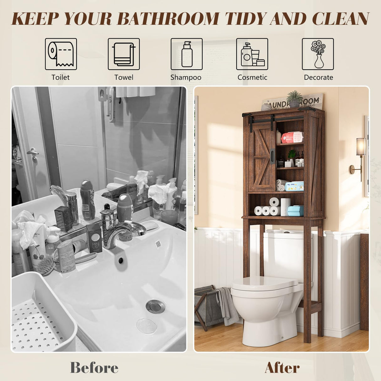 LUXOAK Farmhouse Over The Toilet Storage Cabinet, 68" Tall Bathroom Storage Cabinet with Sliding Barn Door & Adjustable Shelves, Above Toilet Storage for Bathroom, Laundry Room, Reclaimed Barnwood LUXOAK