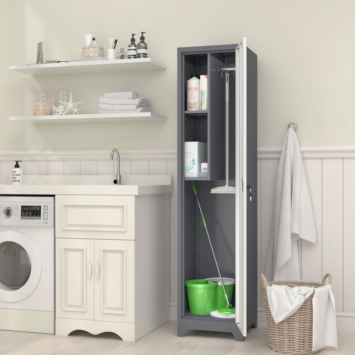 GREATMEET Slim Locking Metal Garage Storage Cabinet, 65" Lockable Utility Closet, Tall Steel Narrow Broom Closet Storage Cabinets with Door and Shelves for Laundry Room, Bathroom, White & Grey GREATMEET