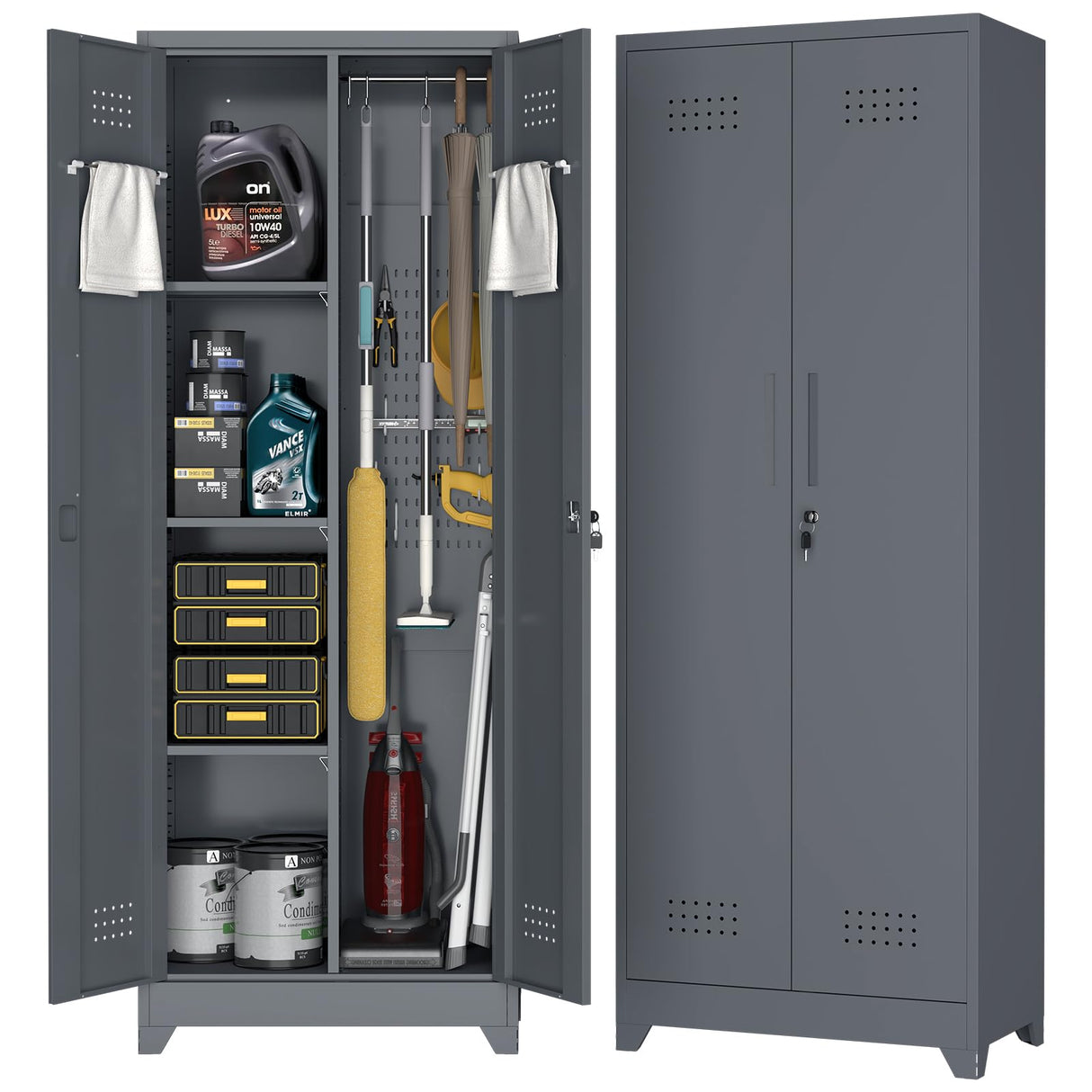 FATIGOS 65''H Broom Closet Storage Cabinets, Metal Utility Closet Storage Cabinet, Indoor Cleaning Cabinet with Adjustable Shelves and S-Hooks for Bathroom,Garage FATIGOS