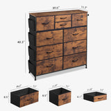WLIVE Dresser for Bedroom with 10 Drawers, Fabric Dresser Chest of Drawers with Side Pockets and Hooks, Sturdy Metal Frame, Drawers Organizer Unit for Room, Hallway, Rustic Brown Wood Grain Print WLIVE