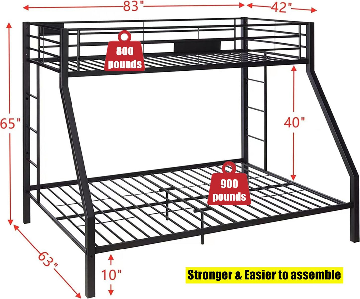 SIGONE Stronger & Safer Steel Bunk Bed Twin XL Over Queen Size, Thickened Heavy Duty More Stable Metal Bunk Queen Bed with Reinforced Legs and Ladder (Easier to Assemble) (Twin XL Over Queen)