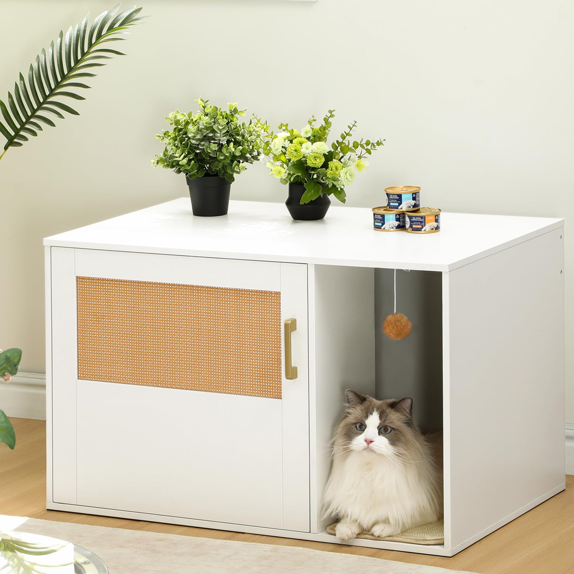 Hzuaneri Cat Litter Box Enclosure with Rattan Door, Hidden Litter Box Furniture, Boho Style Wooden Pet House Side End Table, Storage Cabinet Bench, Living Room, Bedroom, White CB05603X - WoodArtSupply