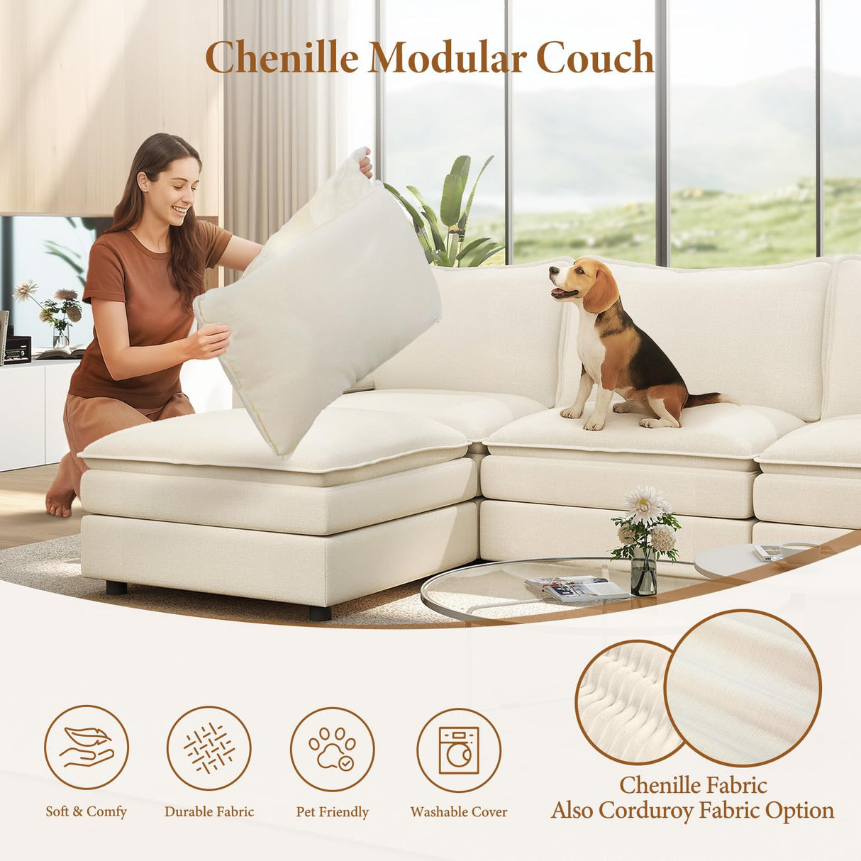 Vesgantti 108" U Shaped Sectional Couch, Comfy Cloud Modular Sectional Sofa with 2 Ottoman Deep Seat Chenille Modern Cloud Sofa, Modular Sofas for Living Room, Bedroom and Apartment, Beige Vesgantti