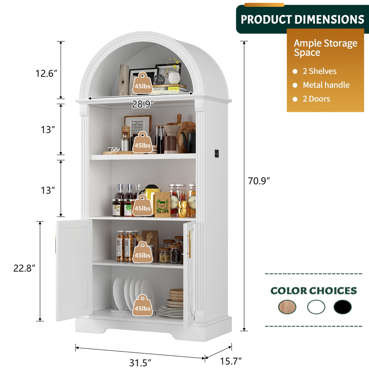Vlsrka 71" Tall Arched Kitchen Pantry Cabinets, Wood Kitchen Storage Cabinets/Arched Bookshelf/Bookcase,China Cabinet with Open & Adjustable Shelves, Induction LED Light (White 2 PCS) Vlsrka