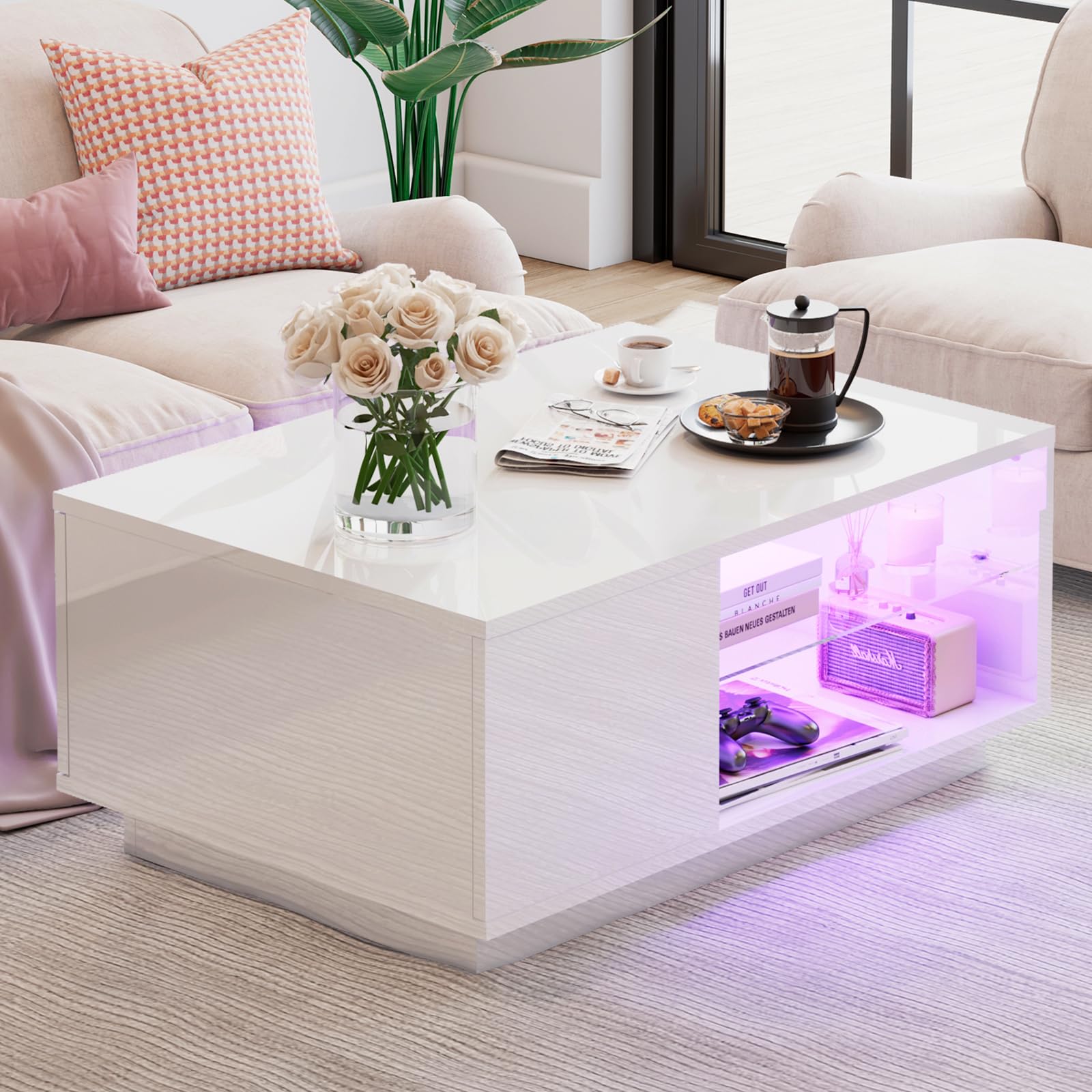 AMERLIFE LED Coffee Table with 20-Color Light, Modern High Gloss Center Table with Glass Shelf Storage for Living Room, Remote Control, White - WoodArtSupply