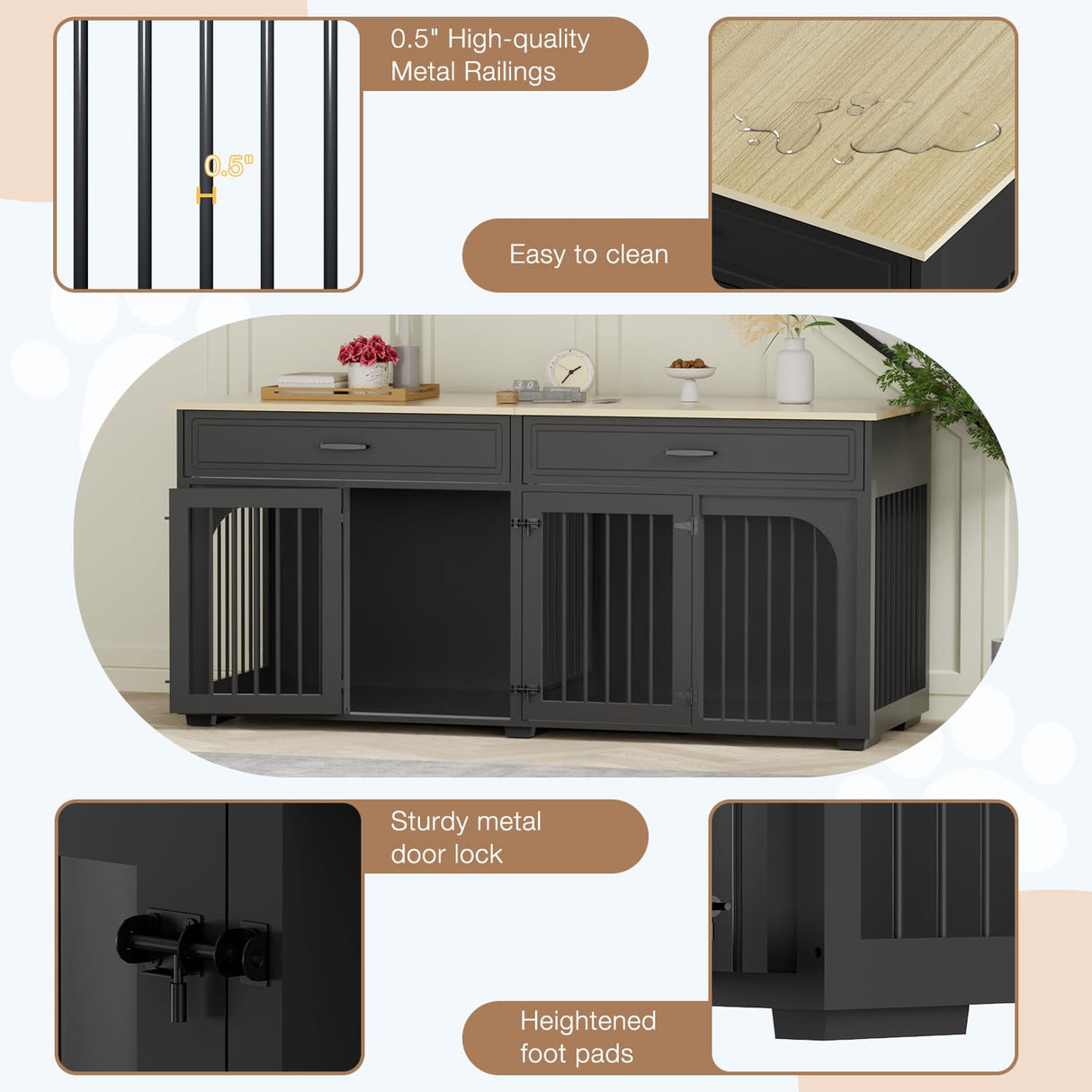 EBE 74.8'' Dog Crate Furniture, Wooden Dog Crate with 2 Drawers and Removable Divider, Heavy Duty Dog Kennel Indoor TV Stand for Small Large Medium Dogs, Black EBE