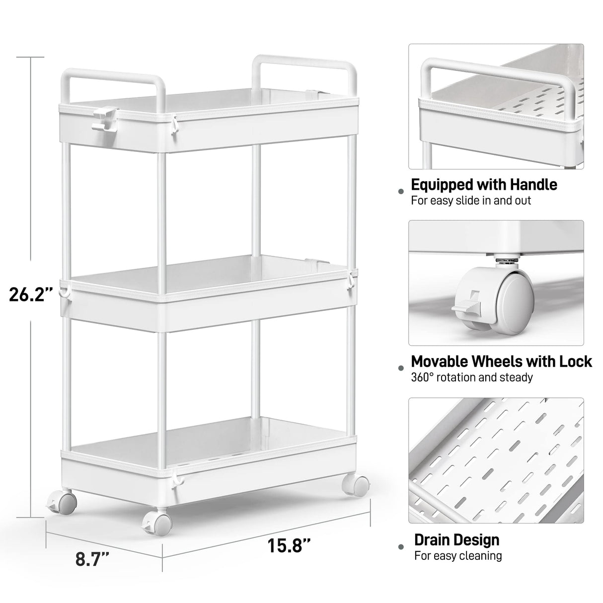 SOLEJAZZ Rolling Storage Cart, 3 Tier Utility Cart Mobile Slide Out Organizer, Bathroom Standing Rack Shelving Unit Organizer for Kitchen, Bathroom, Laundry Room, White SOLEJAZZ