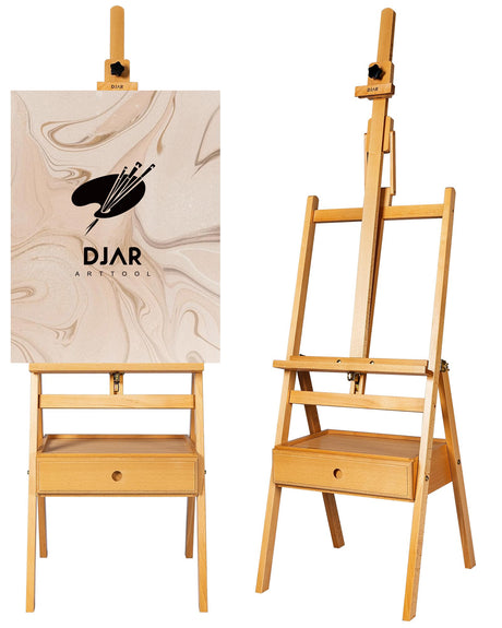 DJAR Large Art H-Frame Easel with Storage Drawer and Shelf, Middle Mast Adjustable to 75", Solid Beech Wood Painting Wooden Easel for Adults, Students, Hold Canvas up to 36", Natural DJAR