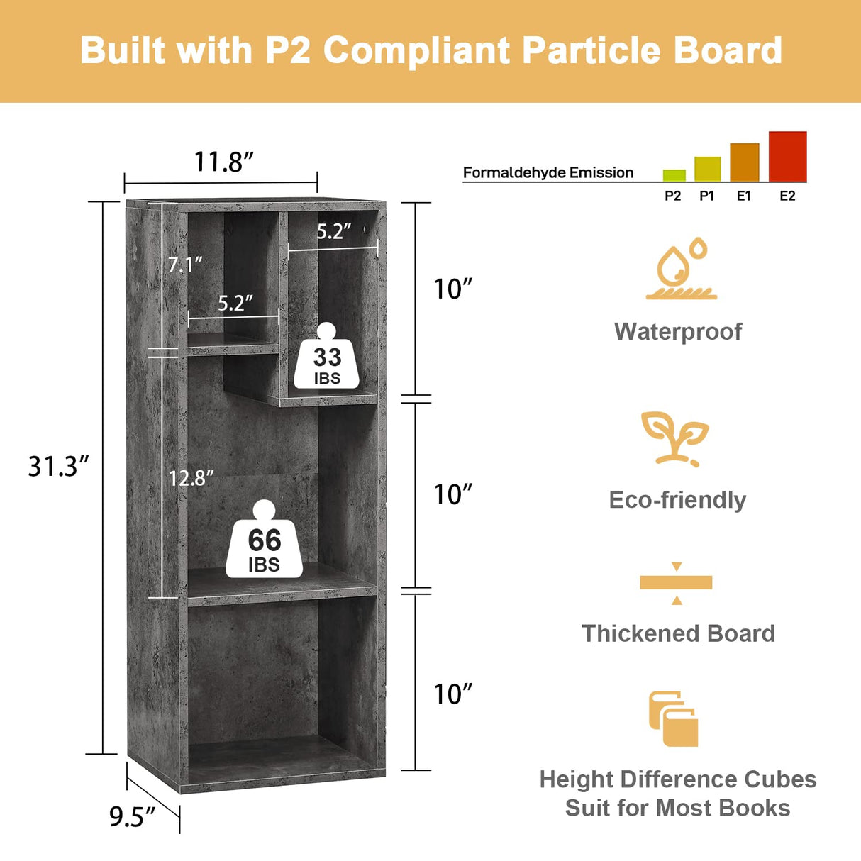 VECELO 3-Tier Small Bookcase, 4 Cube Bookshelf with Height Difference Shelves for Most Books, Modern Floor Standing Unit, Each Shelf Hold Up to 66 LBS for Living Room Bedroom, Grey VECELO