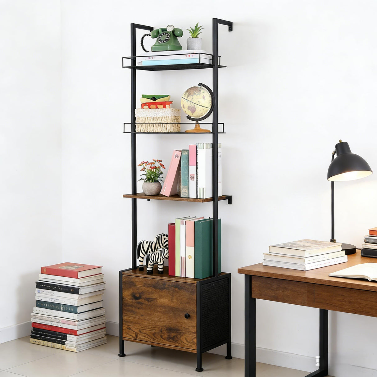Vrisa 4 Tier Ladder Bookshelf with Drawers Wall Mounted Storage Shelves Wooden Ladder Shelf with Cabinet Display Bookcase for Living Room Bedroom Home Office Kitchen Brown Vrisa