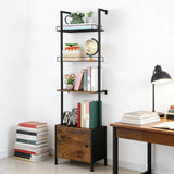 Vrisa 4 Tier Ladder Bookshelf with Drawers Wall Mounted Storage Shelves Wooden Ladder Shelf with Cabinet Display Bookcase for Living Room Bedroom Home Office Kitchen Brown Vrisa
