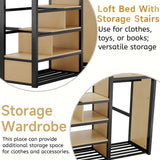 Mirightone Queen Size Loft Bed with Stairs, Metal Loft Beds, High Loft Bed Frame with Storage Shelves, Lofted Queen Bed with Wardrobe for Adults and Teens, No Box Spring Needed (Black+Natural) Mirightone