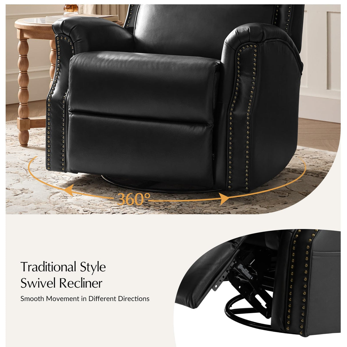HULALA HOME Genuine Leather Recliner Chair, 360 Swivel Rocker Chair with Thick Seat, Classic Push Back Armchair with Backrest, Nailhead Trim, Black HULALA HOME