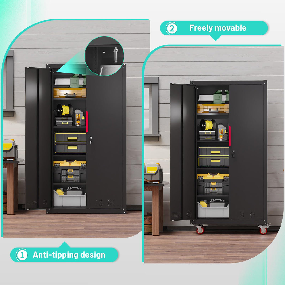 Eltean Metal Garage Cabinets with Wheels| 71" Steel Lockable Garage Storage Cabinet with 4 Adjustable Shelves, Heavy-Duty Tool Storage Cabinet for Home, Basement, Workshop (Black) Eltean