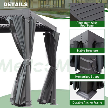 MELLCOM Louvered Pergola 10x20, Aluminum Pergola with Adjustable Louvered Roof, Outdoor Pergola with Waterproof Curtains and Nets, Gray