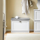 Haotian Small Shoe Storage Bench with Cushion, White Narrow Shoe Rack for Entryway, Small Shoe Cabinet with 2 Tiers Flip-Drawer, FSR195-K-W Haotian