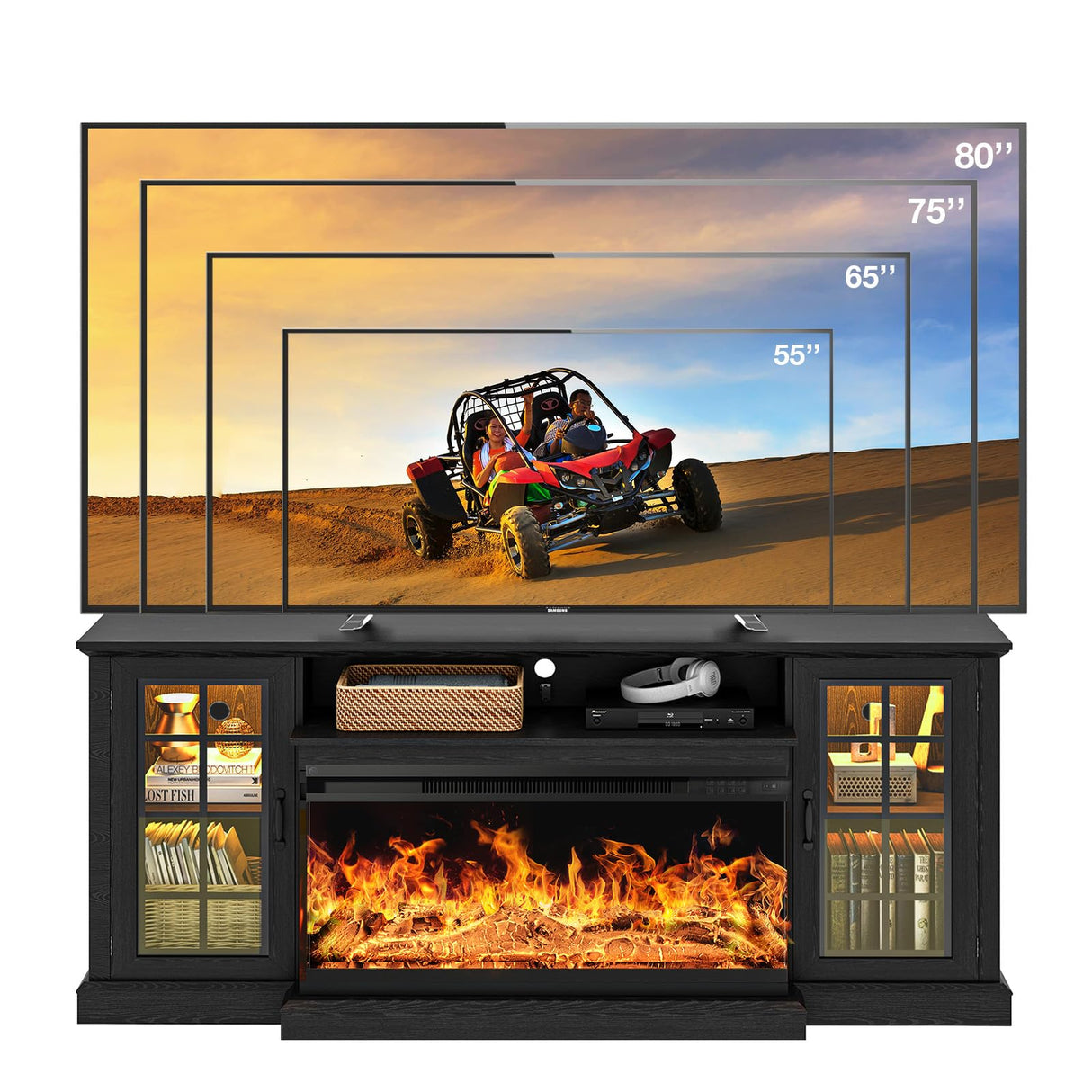 oneinmil 36 Inch 3-Sided Glass Fireplace TV Stand for TVs up to 80", Rustic Media Entertainment Center Console Table with Glass Door Closed Storage, Set of TV Table, Black oneinmil