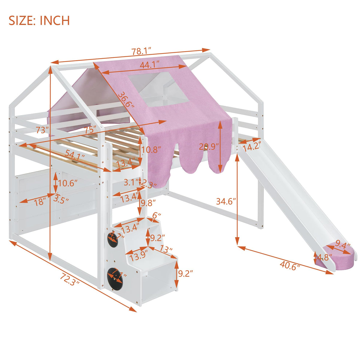 Kids Loft Bed Full Size, Full Loft Bed with Slide and Ladder, Kids House Loft Bed with Storage Shelf and Removable Tent, Full Size Loft Bed for Girls, Boys(Full White Pink) Bellemave