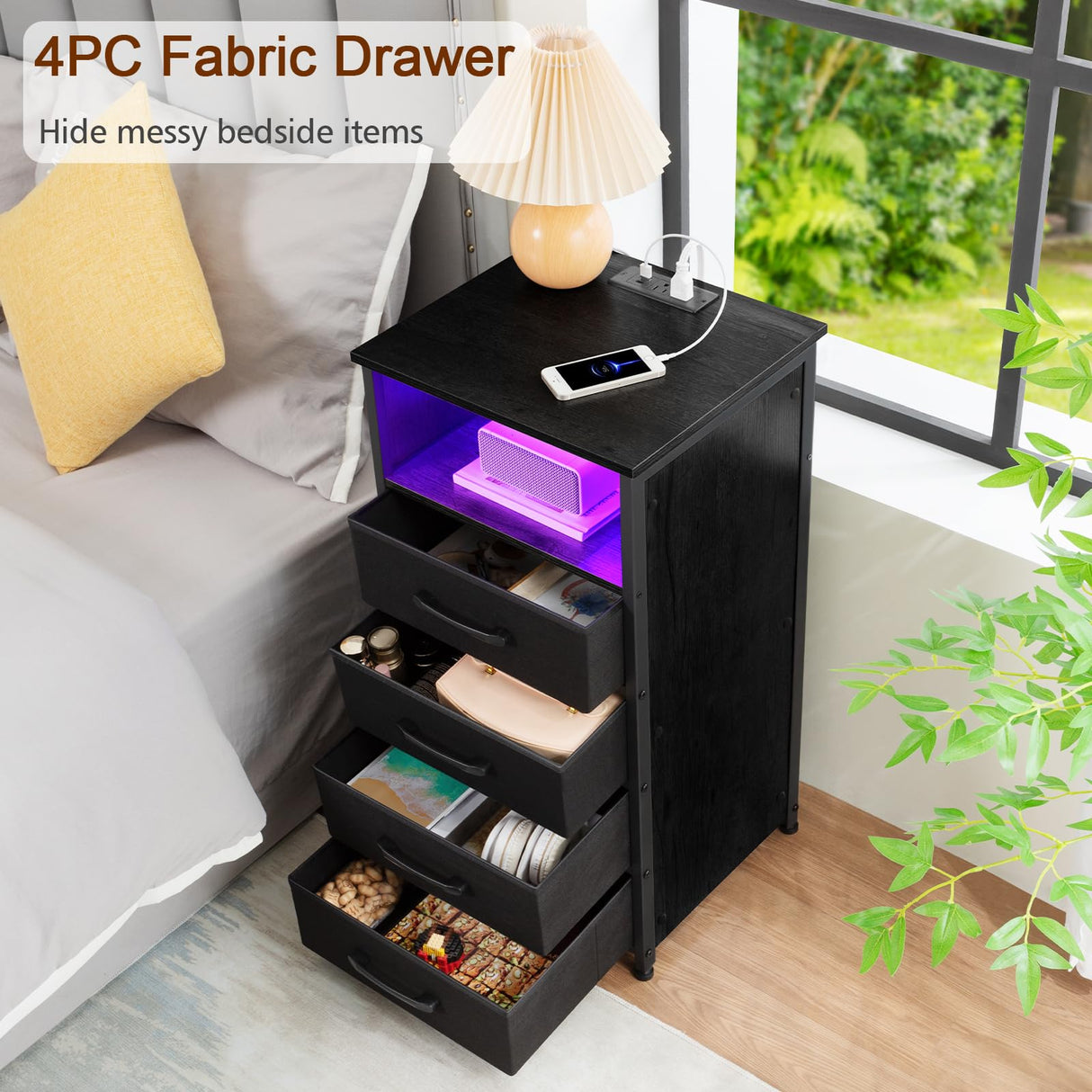 LOAKEKEL Night Stand, Tall Nightstand Set of 2 with Charging Station, Black Dresser for Bedroom with 4 Drawers, LED End Tables with USB Ports and Outlets, Bedside Table with Storage Bins, HNS034BK LOAKEKEL