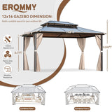 EROMMY 12'x16' Gazebo Polycarbonate Double Roof Pavilion Gazebo Outdoor Aluminum Frame Canopy with Netting and Curtains for Garden Patio Lawns Parties EROMMY