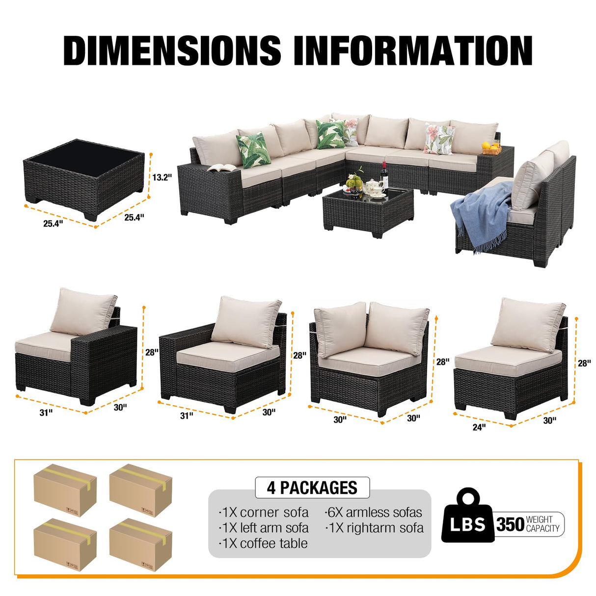 JOYURE 10 Pieces Patio Furniture Set All-Weather Outdoor Wicker Sectional Conversation Sofa Rattan Patio Seating Sofa with Cushion and Glass Table for Porch Poolside,Beige JOYURE