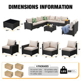JOYURE 10 Pieces Patio Furniture Set All-Weather Outdoor Wicker Sectional Conversation Sofa Rattan Patio Seating Sofa with Cushion and Glass Table for Porch Poolside,Beige JOYURE