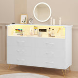 Patikuin White Dresser for Bedroom with LED Light & Charging Station, 6 Drawers Wooden Dressers with Open Space, Modern Chest of Double Wide Drawers for Living Room, Entryway, Hallway TV Stand Patikuin