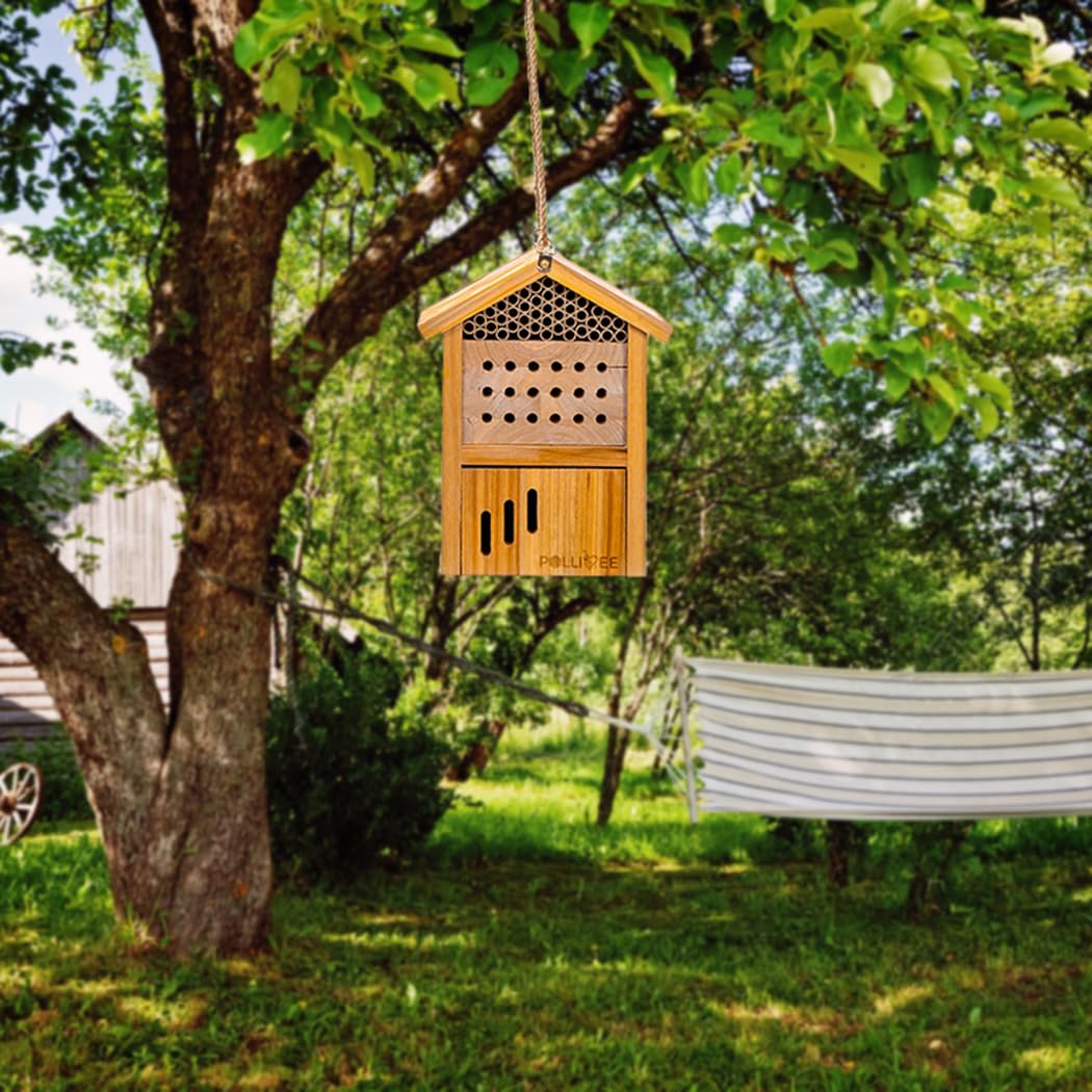 Mason Bee House - Wax Coated Waterproof Hotel for The Garden, Natural Handmade Wooden Home, Attracts Peaceful Pollinators, Native Habitat POLLIBEE