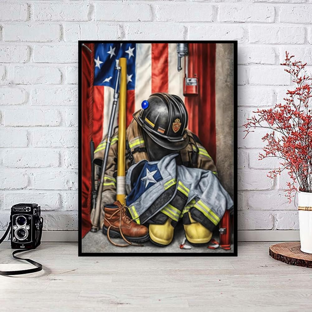 KTHOFCY 5D DIY Diamond Painting Kits for Adults Beginner, American Flag Firefighter's Gear Full Drill Embroidery Cross Stitch Crystal Rhinestone Paintings Pictures Arts Wall Decor 30x40cm/12x16inch KTHOFCY