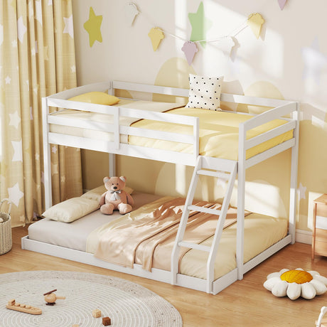 KOMFOTT Low Bunk Bed Twin Over Full, Solid Wood Twin Bed Frame with Built-in Ladder & Safety Guardrails, Space-Saving Low Bunk Bed for Kids, Teens, No Box Spring Needed KOMFOTT