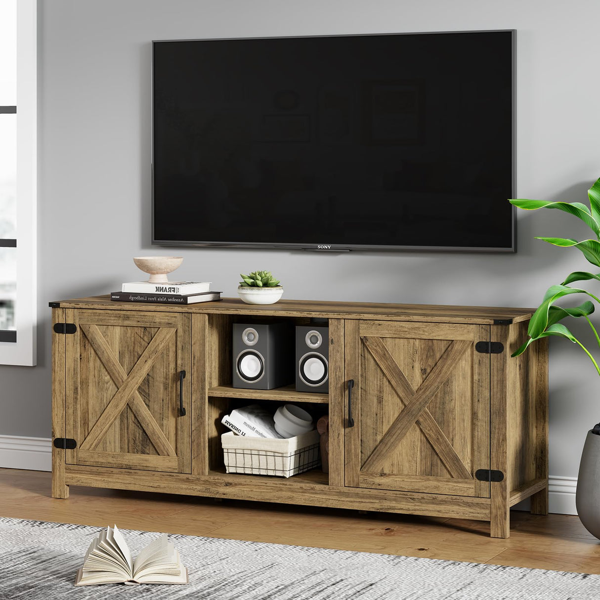 Mufico Farmhouse TV Stand for 65 Inch TV, 58" L*15.75" W*24" H Entertainment Center with Storage,Media Console Cabinets with Barn Door,TV Console Table for Living Room Mufico