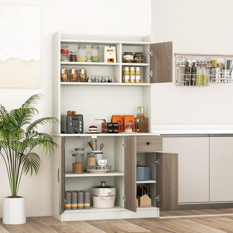 COSTWAY Kitchen Pantry Storage Cabinet, 71" Freestanding Tall Hutch Cabinet with Charging Station, Microwave Stand, Adjustable Shelves, Modern Buffet Cabinet with Hutch for Dining Room, Kitchen, White COSTWAY
