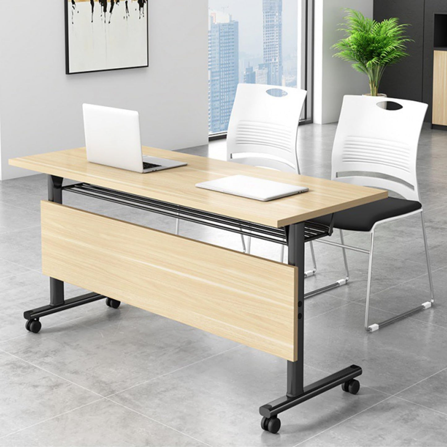 55in conference table,modern wood color office folding Flip Top Mobile Training Table With chair 55"D x 23.6"W x 29.5"H with wheels is convenient suitable for office meeting room classroom use (3Pcs )