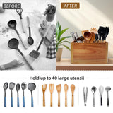 Wooden Kitchen Utensil Holder Organizer for Counter or Countertop, Large Wooden Utensil Holder for Storage Cooking and Silverware with 3 Compartment, Acacia Rustic Wood Container Extra Large Liberal Brightdeer