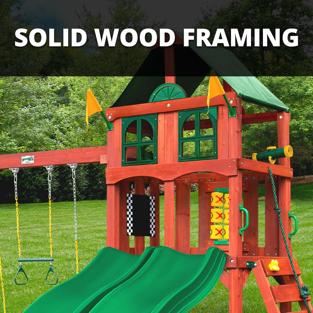 Gorilla Playsets 01-1057 Playmaker Deluxe Wooden Swing Set with Vinyl Canopy Roof, Dual Wave Slides, and Rock Climbing Wall, Redwood Stained Cedar (Amazon Exclusive) - WoodArtSupply