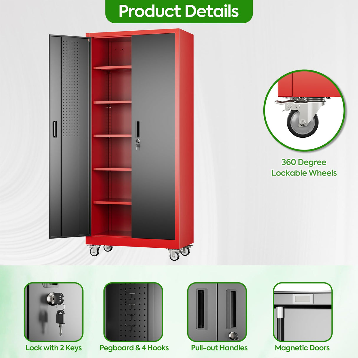 JAORD 71" Metal Storage Cabinet with Wheels and Pegboard, Lockable Rolling Steel Storage Cabinet with 5 Adjustable Shelves and Door for Garage, Office, Kitchen, Assembly Required（Black and red） JAORD