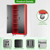 JAORD 71" Metal Storage Cabinet with Wheels and Pegboard, Lockable Rolling Steel Storage Cabinet with 5 Adjustable Shelves and Door for Garage, Office, Kitchen, Assembly Required（Black and red） JAORD