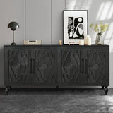 WILSHINE Sideboard Buffet Credenzas for Living Room, 63" Antique Black Entryway Table with Storage Accent Cabinet, Carved Flowers Doors & Wire Holes WILSHINE