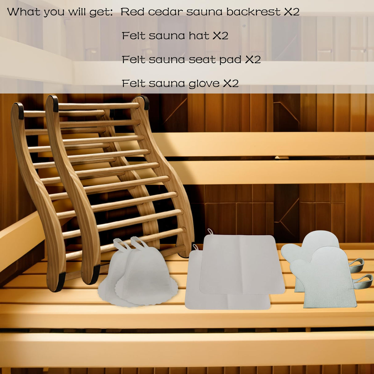 Red Cedar Sauna Back Rest Accompanied by an Anti-Slip Rubber Pad for Enhanced Stability, Includes Accessories as a Sauna Hat, Seat Pad, and Glove, Sauna Accessory Set. (2 Sets) WoodArtSupply