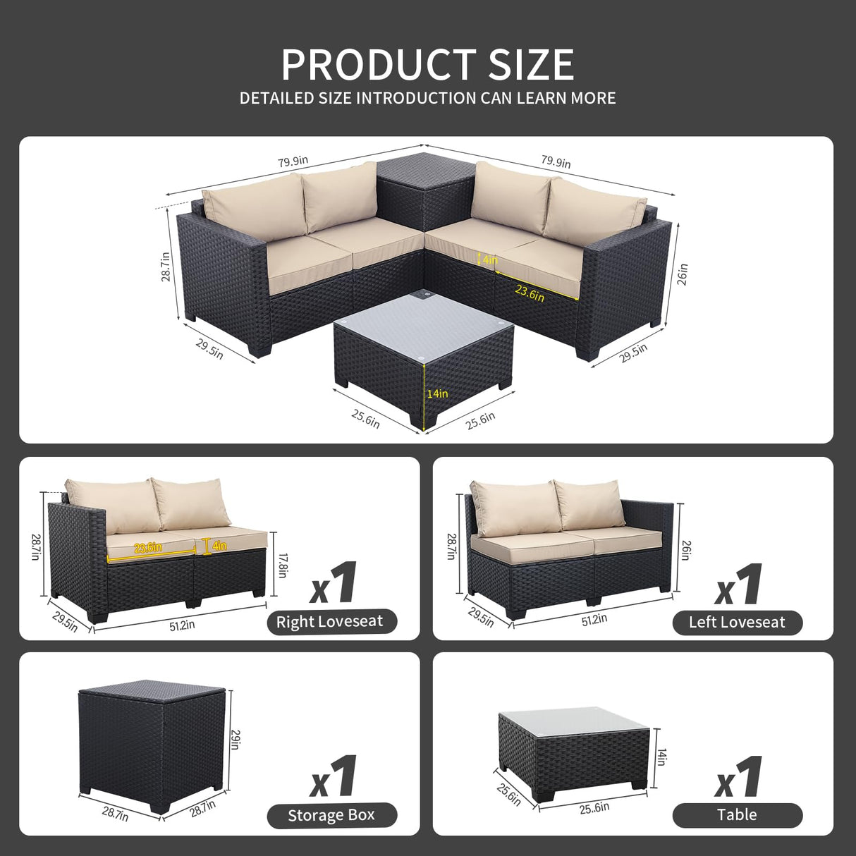 WAROOM Outdoor PE Wicker Patio Furniture Set 4 Piece Black Rattan Sectional Sofa Conversation Couch Sets with Storage Box Glass Top Table and Anti-Slip Khaki Cushion WAROOM