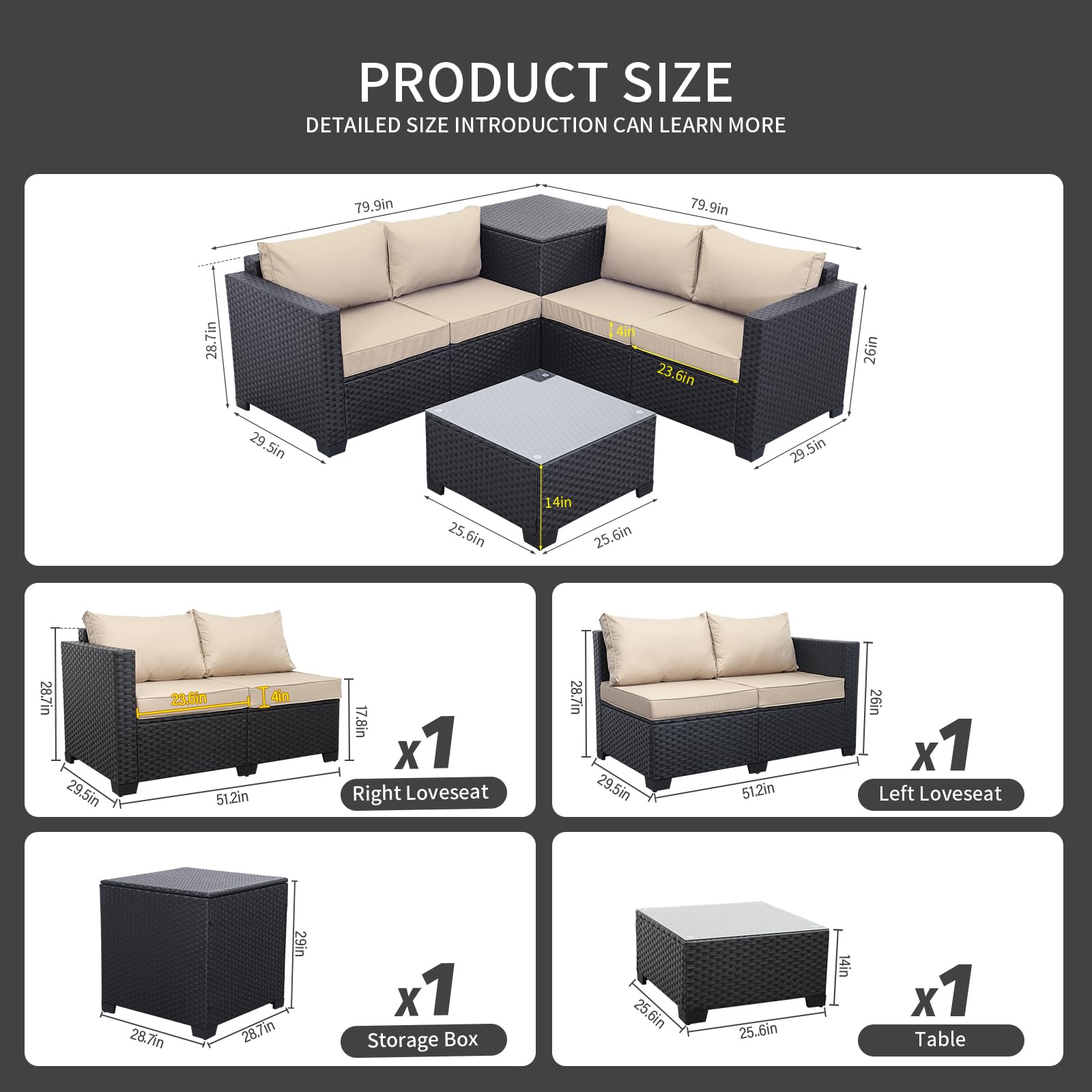 WAROOM Outdoor PE Wicker Patio Furniture Set 4 Piece Black Rattan Sectional Sofa Conversation Couch Sets with Storage Box Glass Top Table and Anti-Slip Khaki Cushion - WoodArtSupply