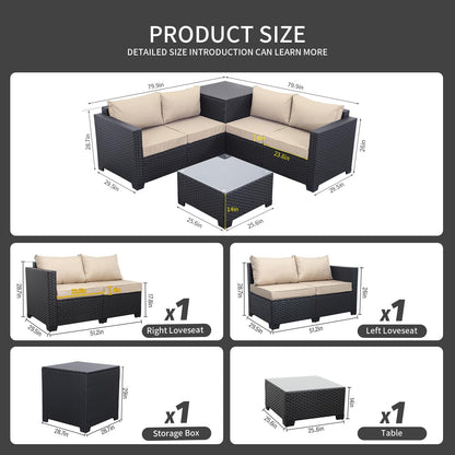 WAROOM Outdoor PE Wicker Patio Furniture Set 4 Piece Black Rattan Sectional Sofa Conversation Couch Sets with Storage Box Glass Top Table and Anti-Slip Khaki Cushion - WoodArtSupply