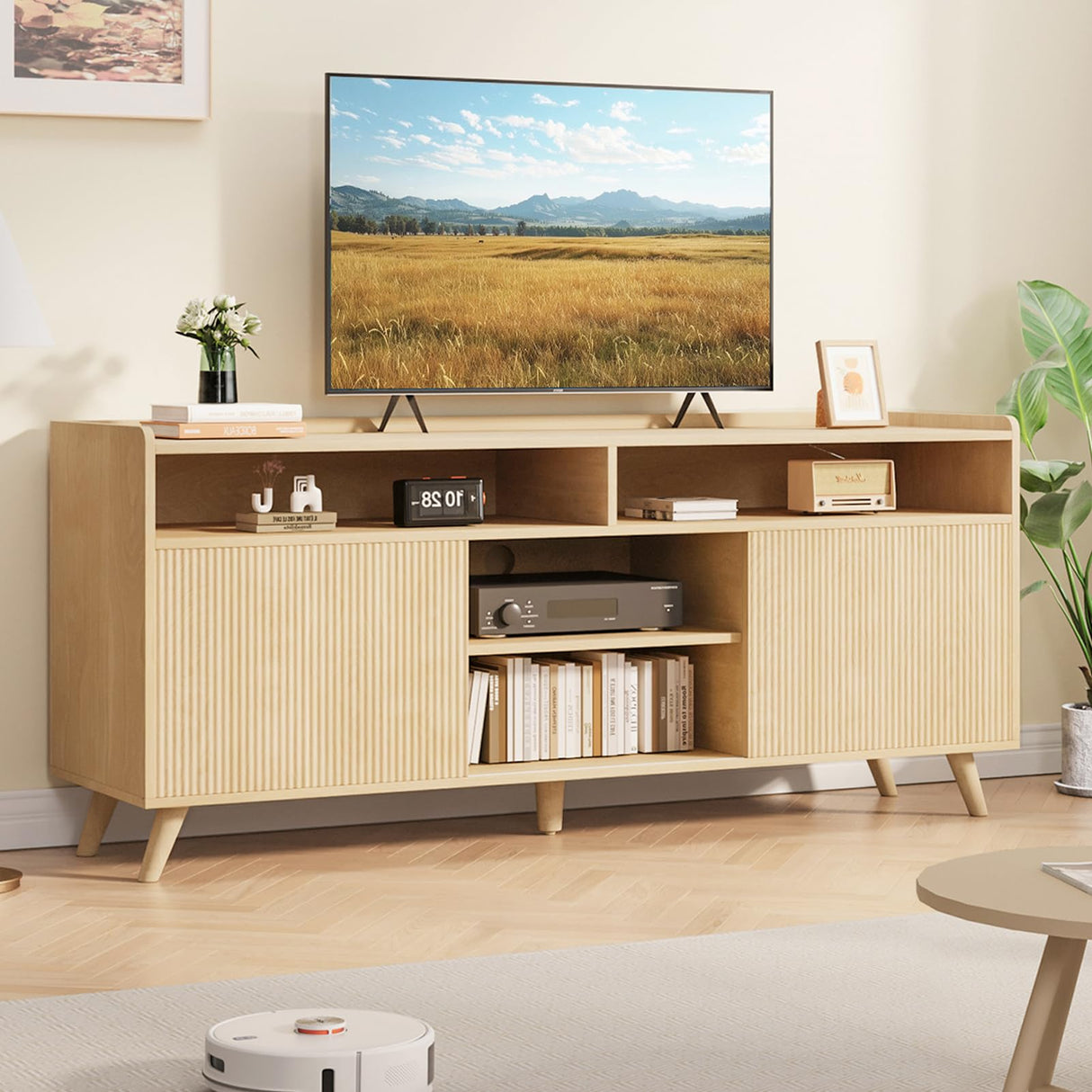 Jocoevol Fluted TV Stand for 65 Inch Boho Entertainment Center With Storage, Wood Media Console Cabinet With Shelves and Doors, Living Room Furniture for Bedroom, Natural Oak Jocoevol