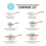 Martha Stewart Lockton Premium Nonstick PFA Free Ceramic Interior 10 Piece Heavy Gauge Enamel Aluminum Pots and Pans Cookware Set - Linen White w/Gold Handle Martha Stewart