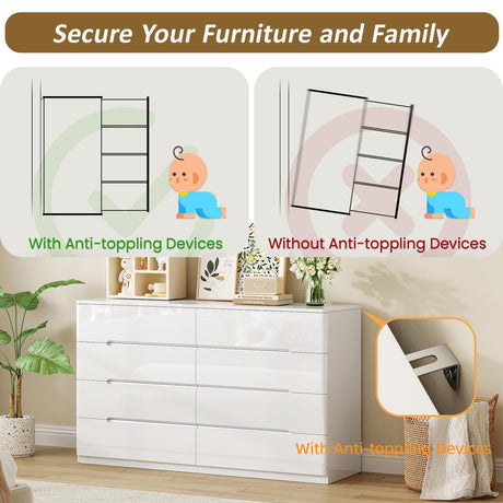 ZORPLIX White Wood Dresser, 8 Drawer Dressers for Clothes Storage for Bedroom, Modern Dresser with Wide Drawers, Wide Wooden Chest Drawers for Living Room, Entryway, TV Stand ZORPLIX